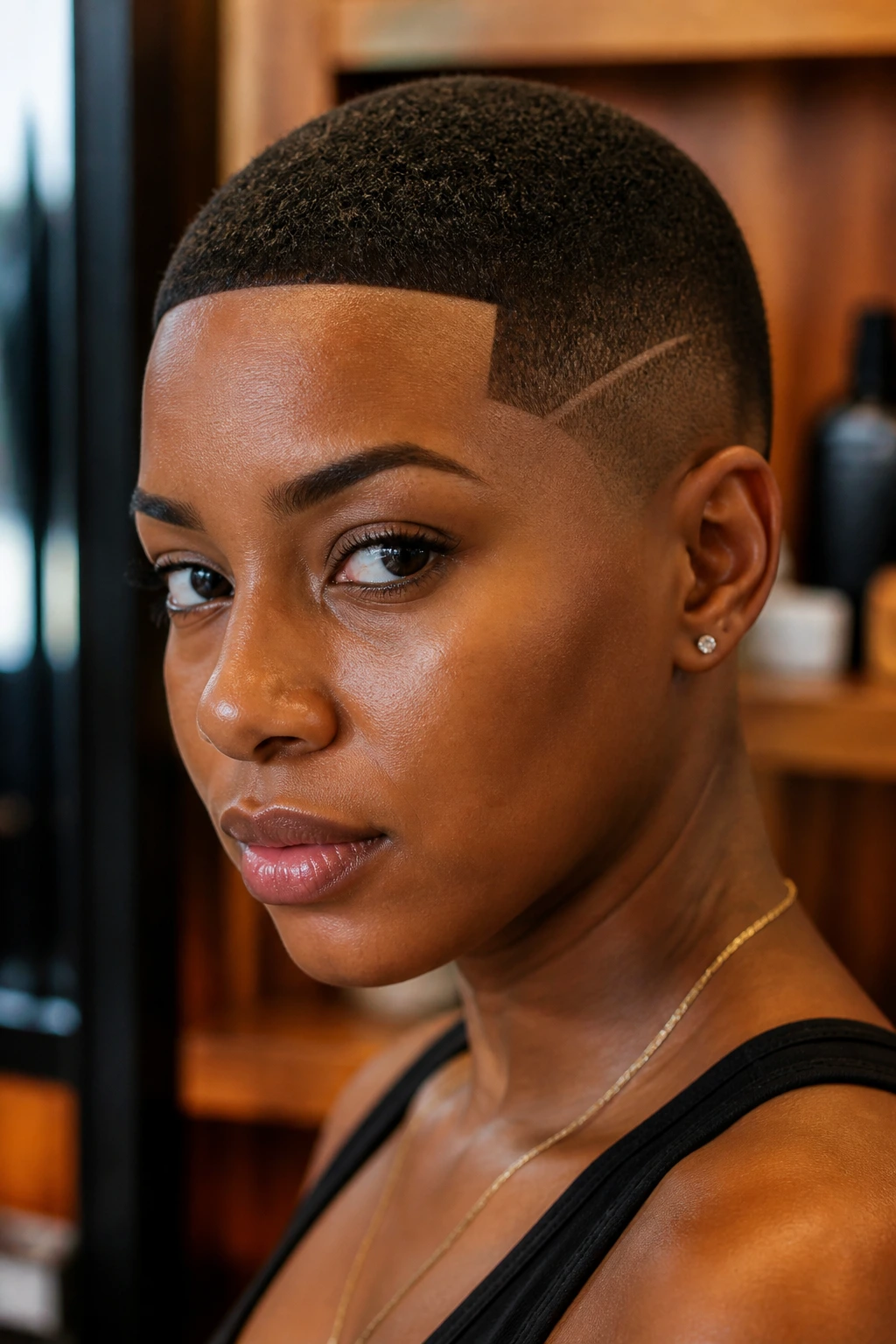Close-up of a Black woman with a buzz cut and crisp line-up, showing edge maintenance between trims.