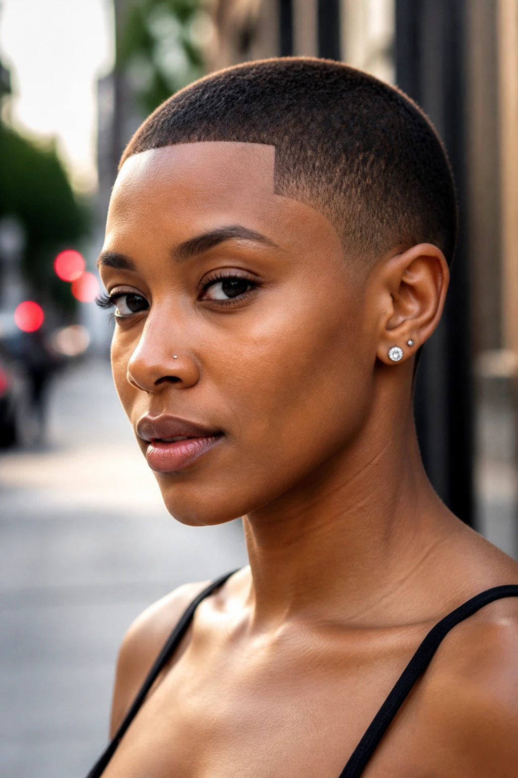 Portrait of a real person with a low buzz cut and sharp line-up in daylight