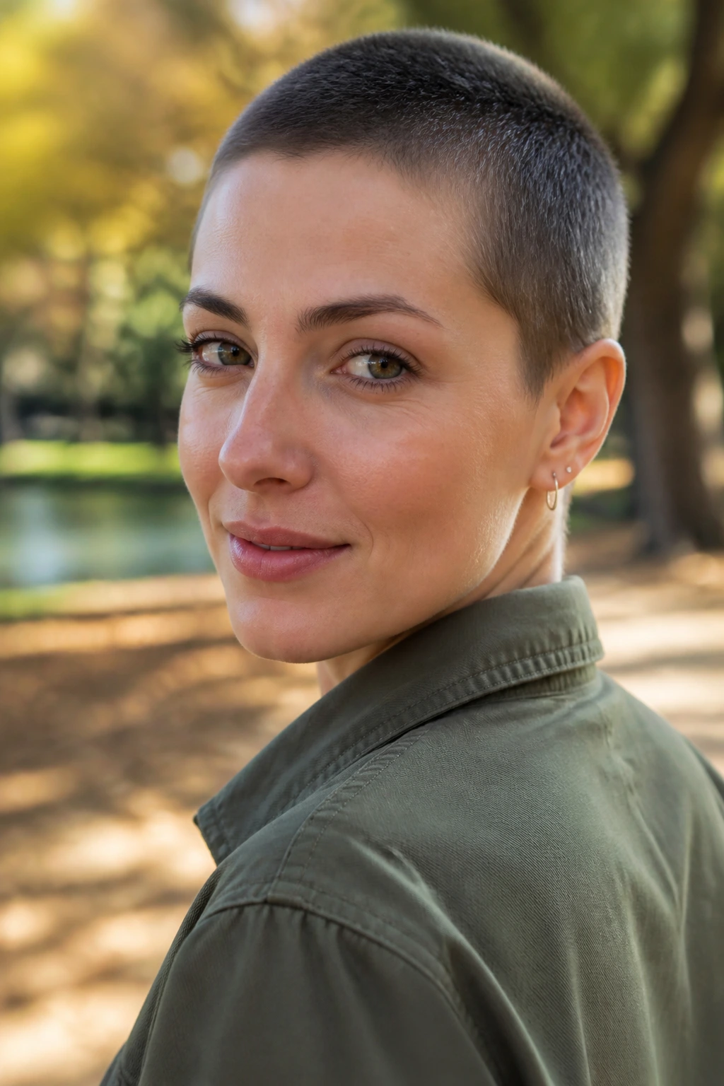 Close-up portrait of a person with a buzz cut in natural outdoor light