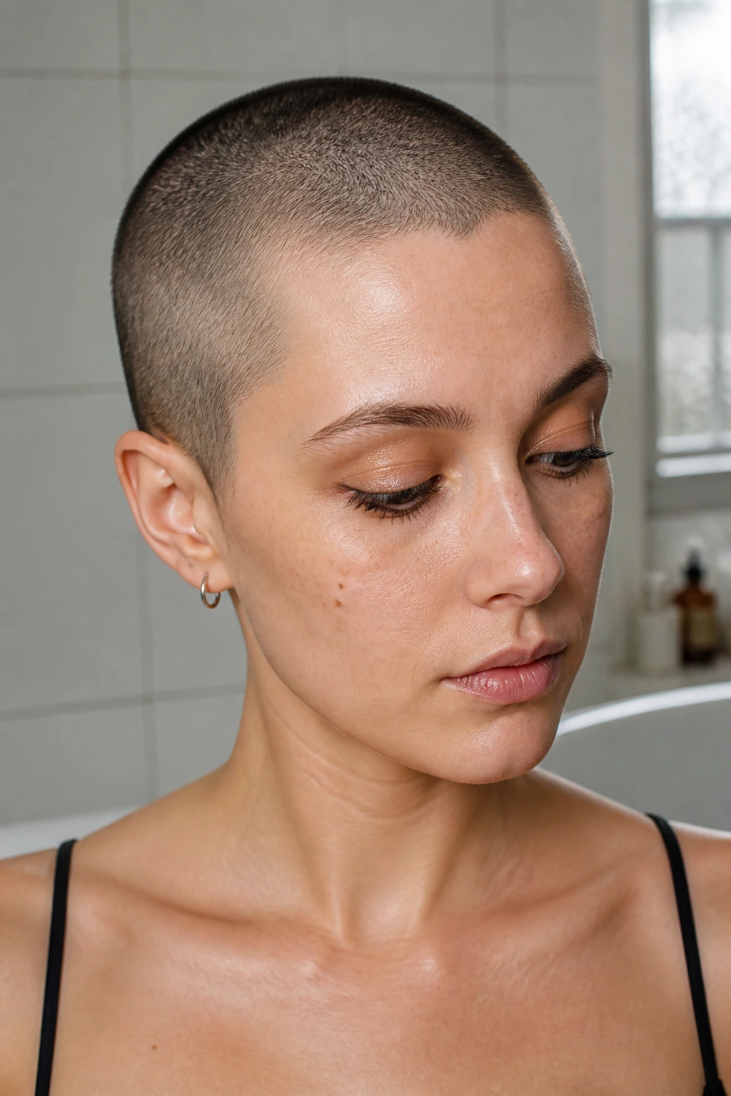Close-up of a buzz cut with visible scalp in a bathroom setting.