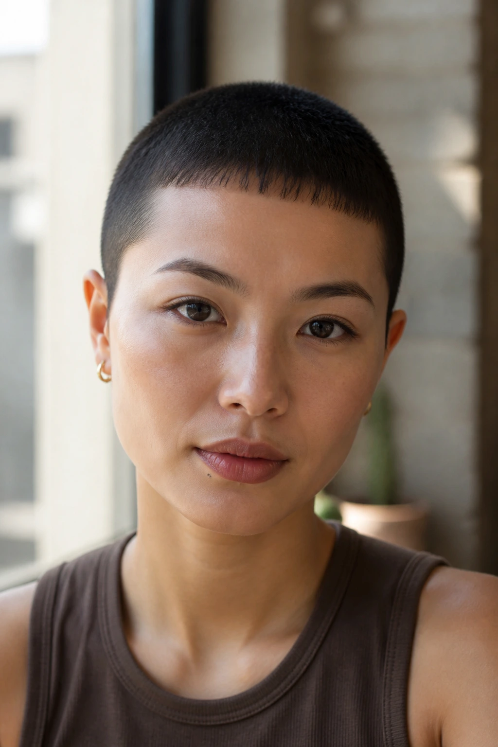 Close-up portrait of a real woman with buzz cut and micro fringe