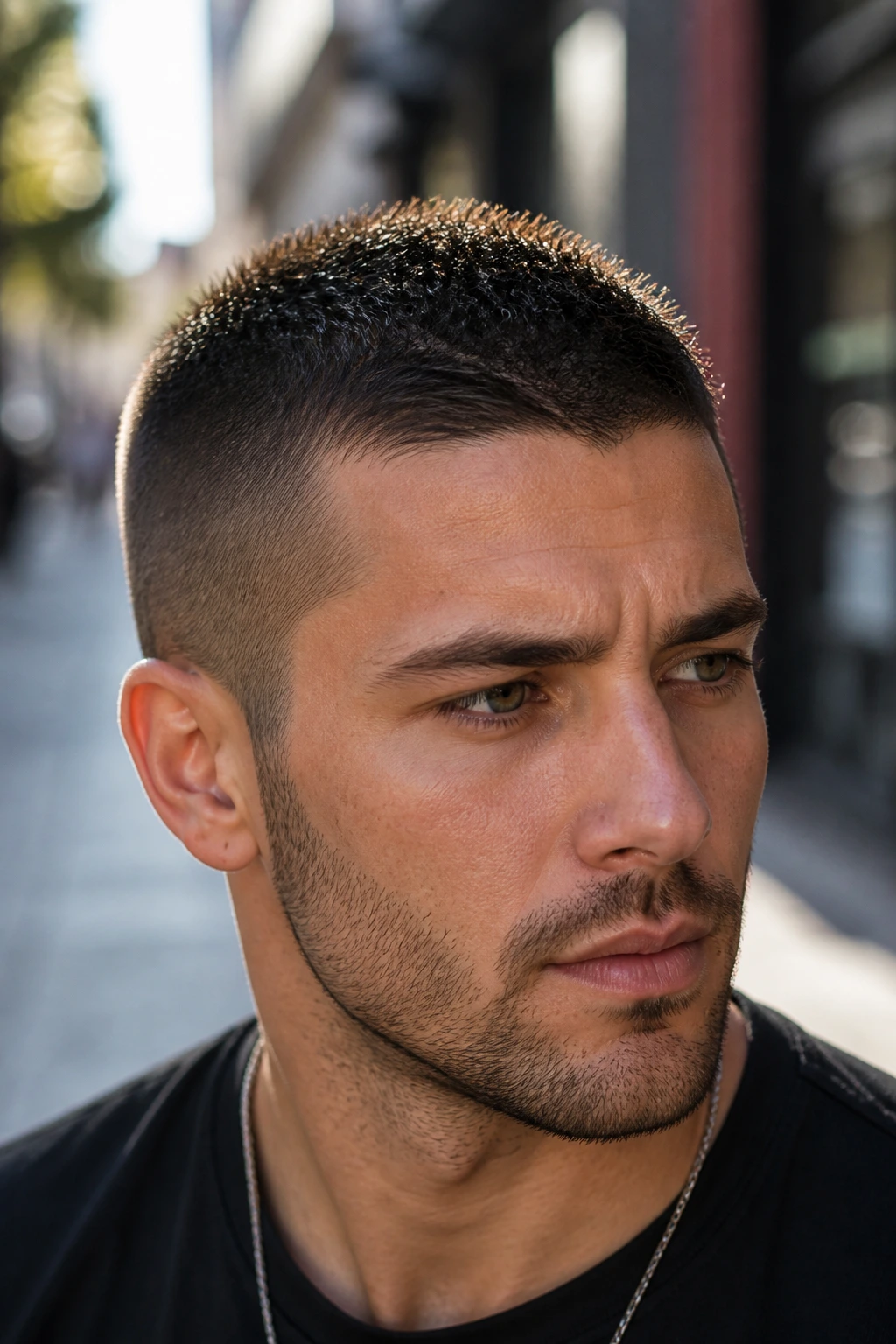 Close-up of a man with a buzz cut and micro spikes on city sidewalk