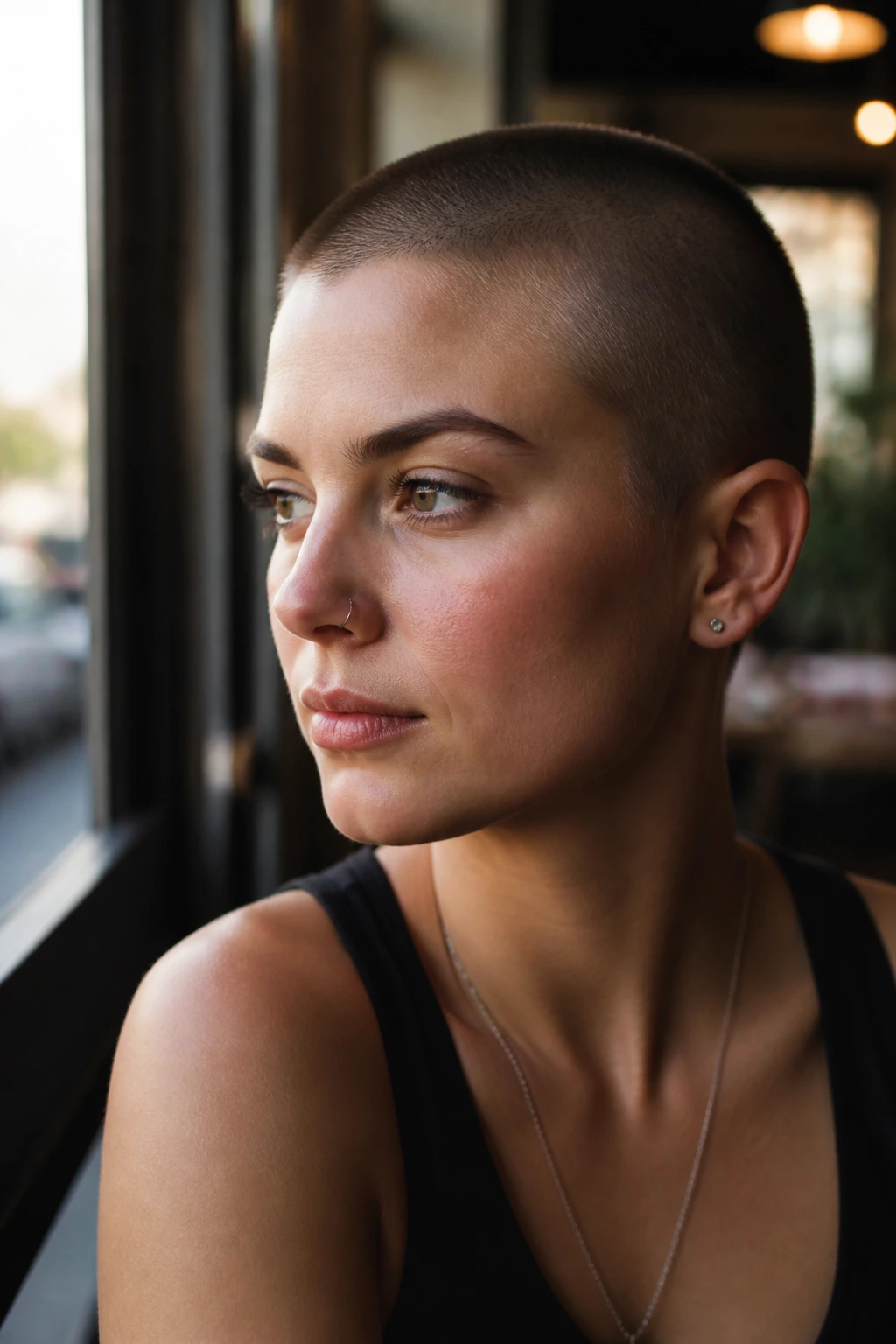 Close-up portrait of a real woman with a Number 1 guard buzz cut in a cafe window