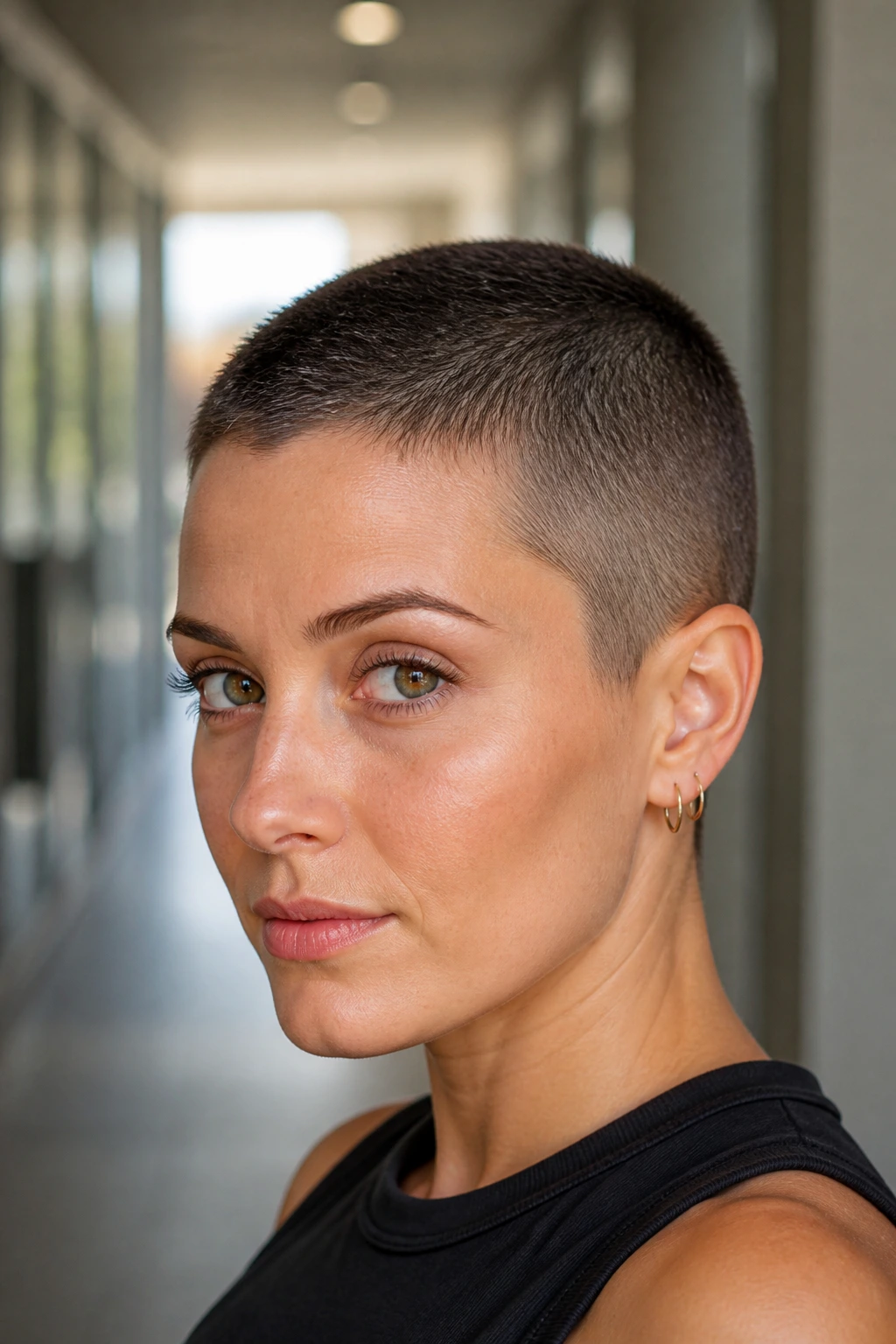 Close-up portrait of a real woman with a Number 3 guard buzz cut in a bright hallway