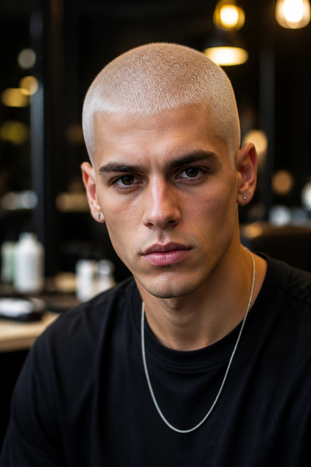 Close-up portrait of a real person with a platinum buzz cut in a barber shop