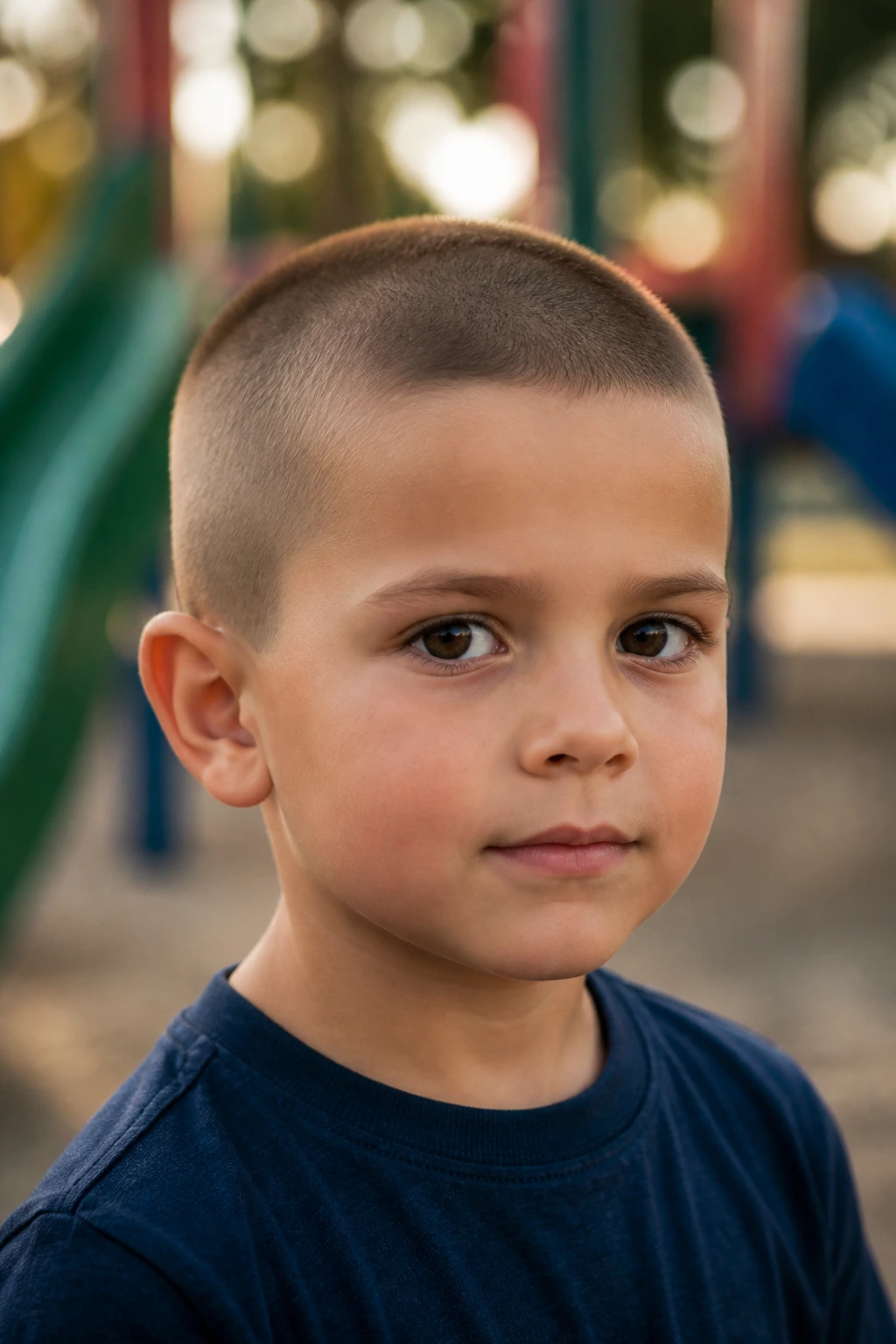 Close-up portrait of a real boy with a buzz cut in outdoor light, shows even edges and clean neckline.