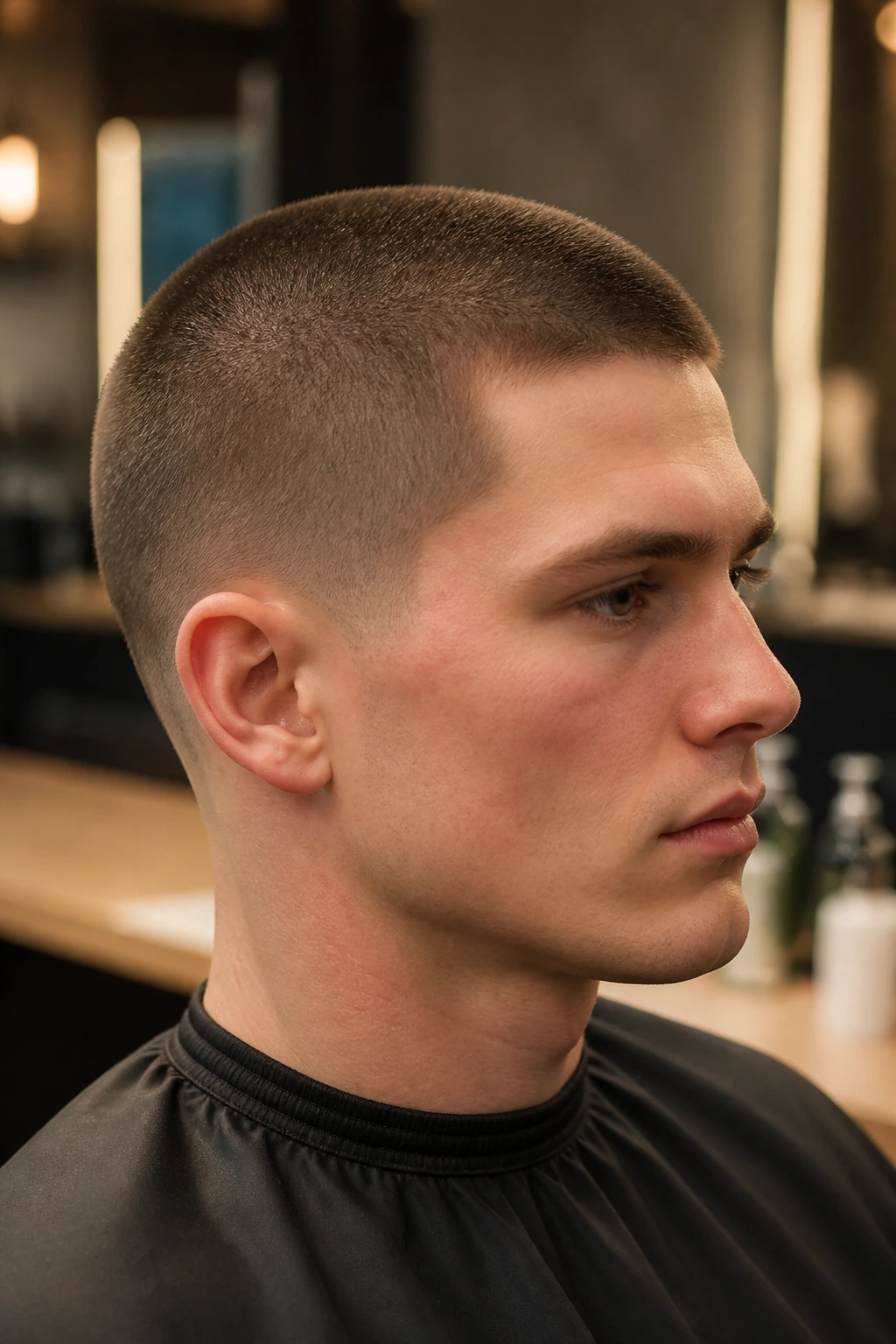 Close-up portrait of a man with a buzz cut in a barbershop setting
