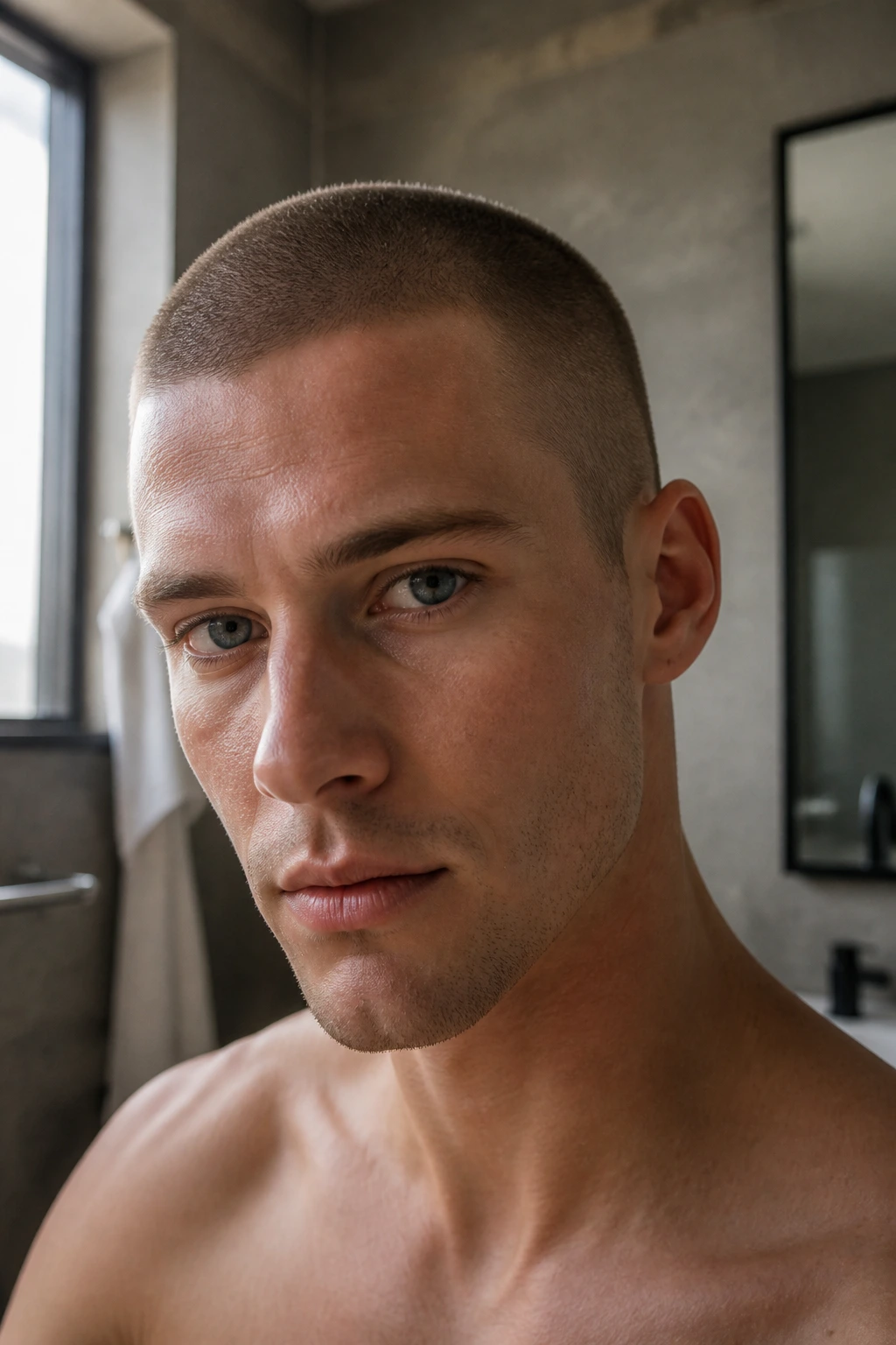 Close-up of a real person with a uniform buzz cut