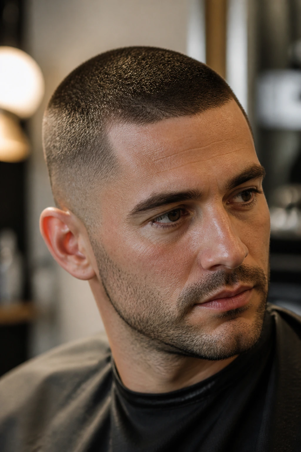 Close-up of a man with a uniform buzz cut and clean neckline