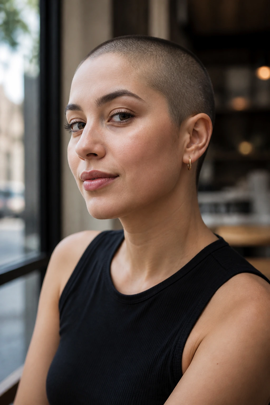 Real woman with buzz cut wearing a hoop earring in a cafe setting.