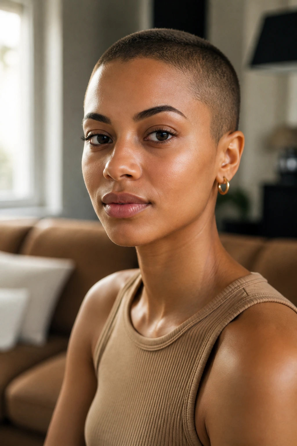 Close-up portrait of a real woman with a buzz cut in warm window light.