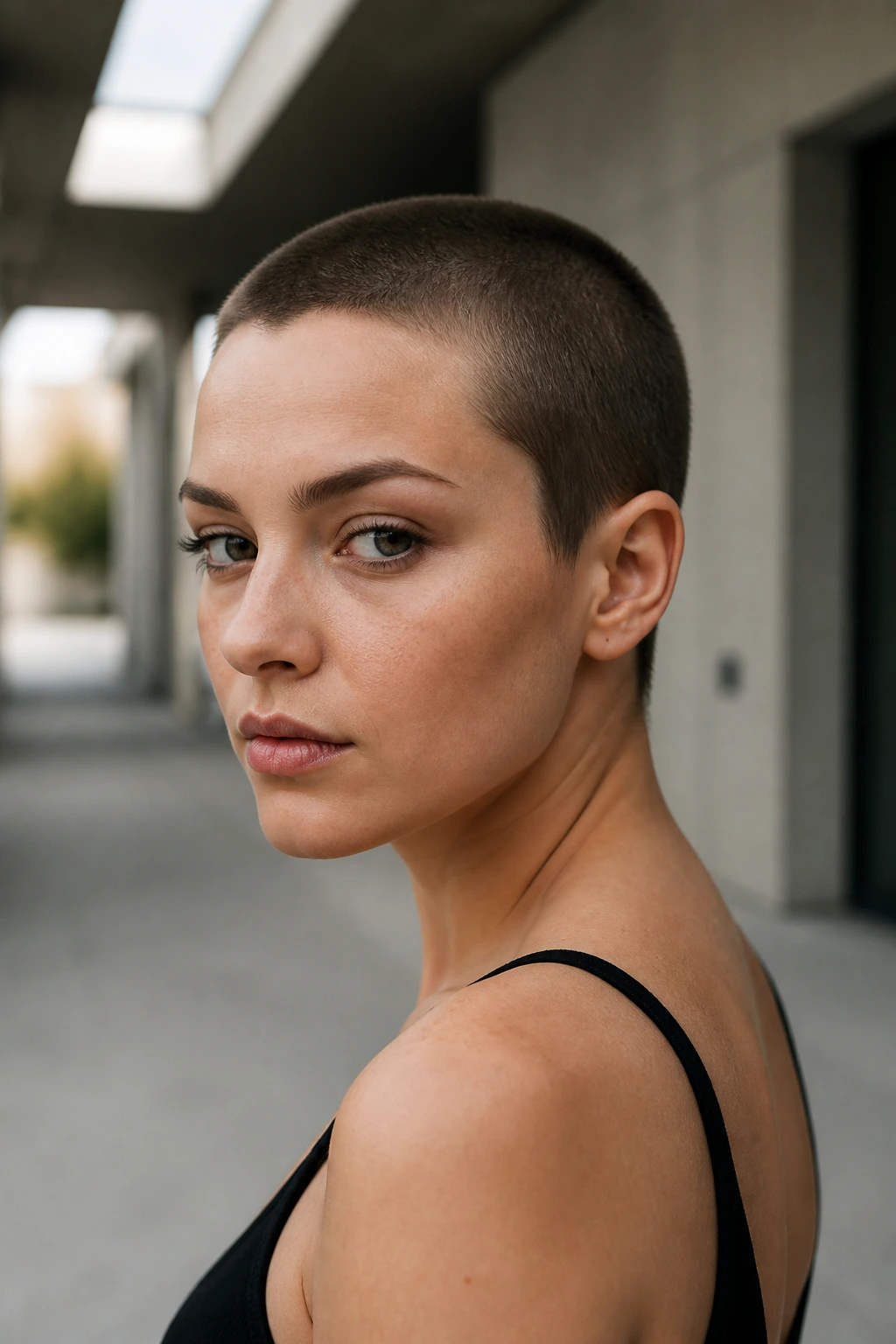 Close-up portrait of a real woman with a bold buzz cut and crisp hairline
