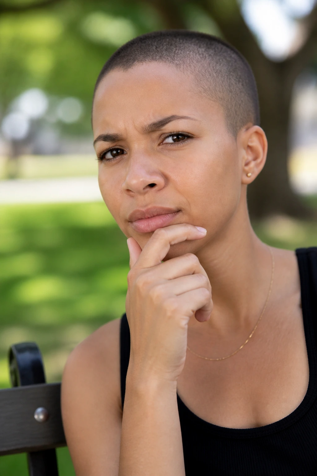 Real person with buzz cut asking questions outdoors.
