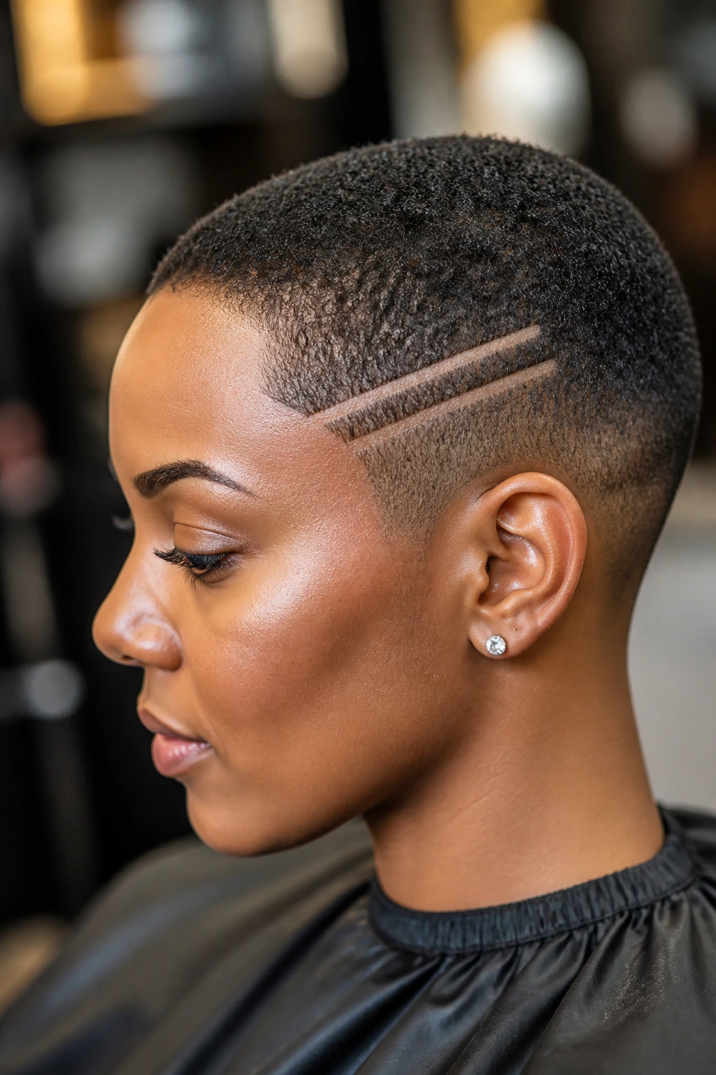 Profile of a Black person with a buzz cut and two razor lines