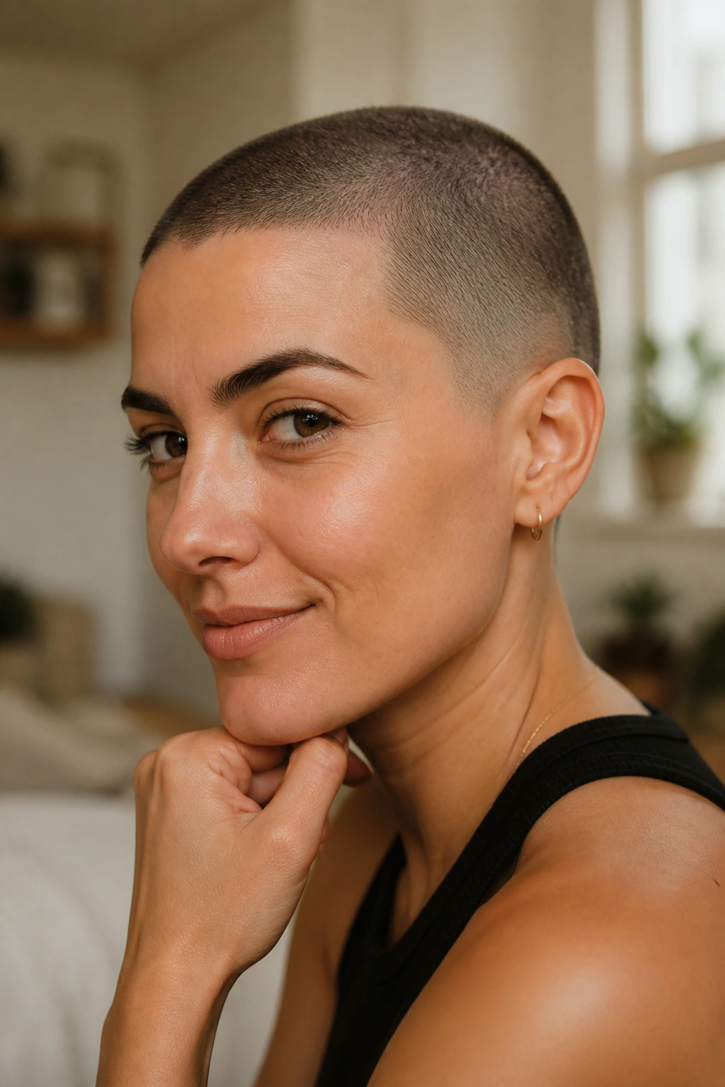 Close-up portrait of a real woman with a buzz cut in warm window light