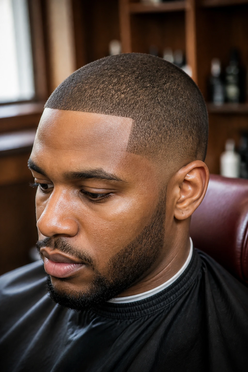 Close-up of a real man with a buzz cut and rounded hairline in a warm barbershop.