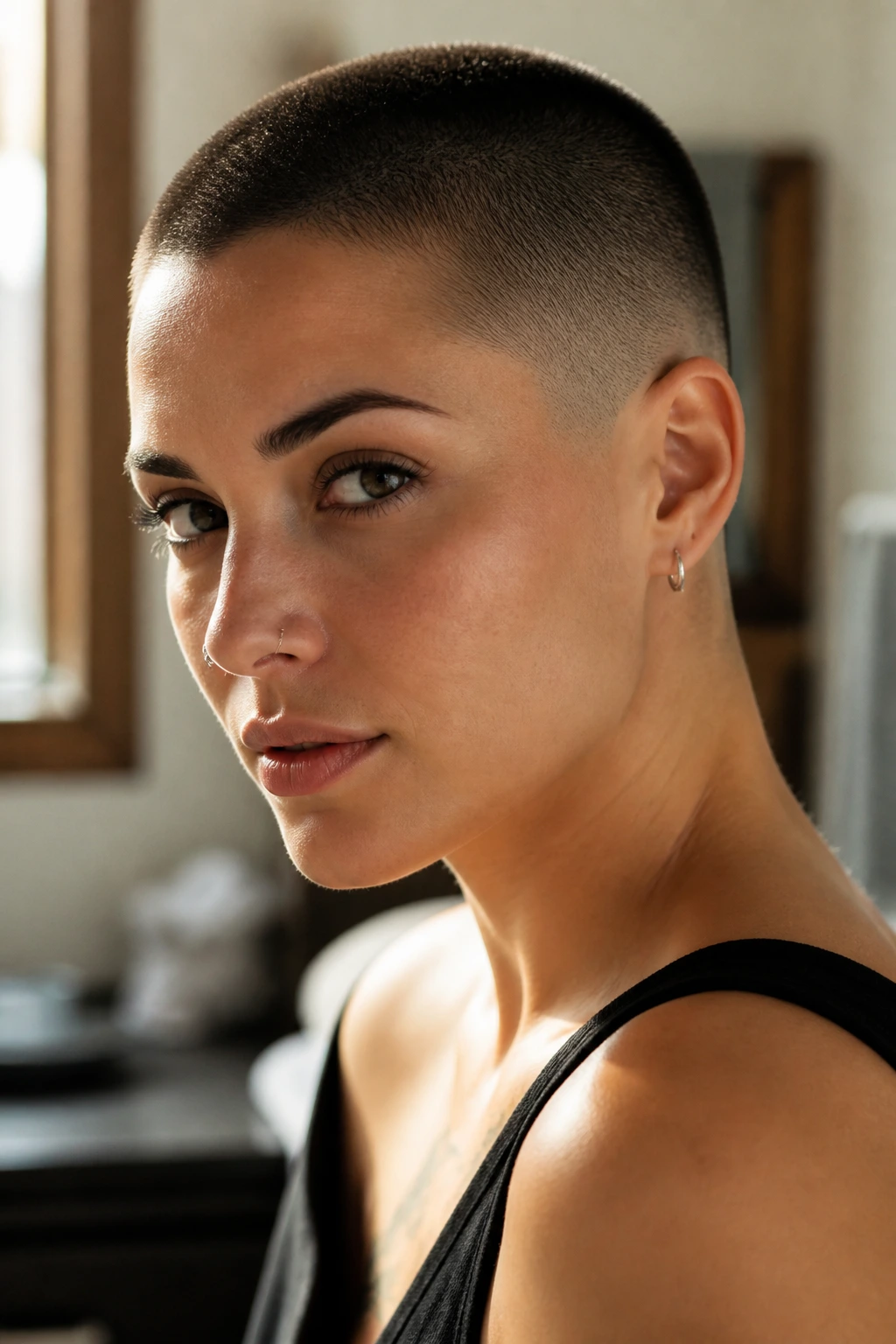 Close-up portrait of a woman with a sculpted buzz cut showing nape taper and temple fade in warm window light.