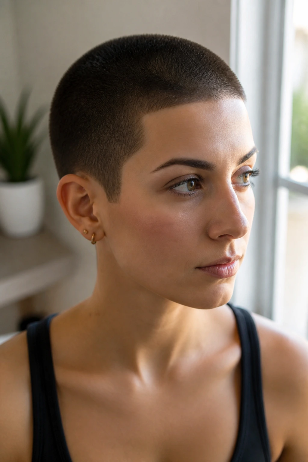 Close-up portrait of a real woman with a crisp buzz cut edge.