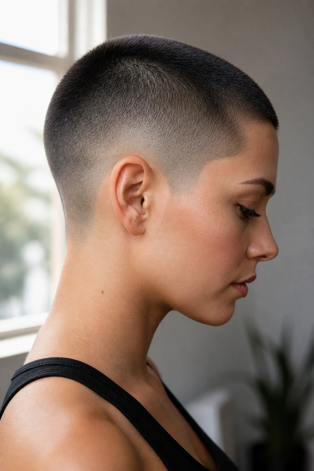 Side profile of a person with a sharp buzz cut and crisp neckline.