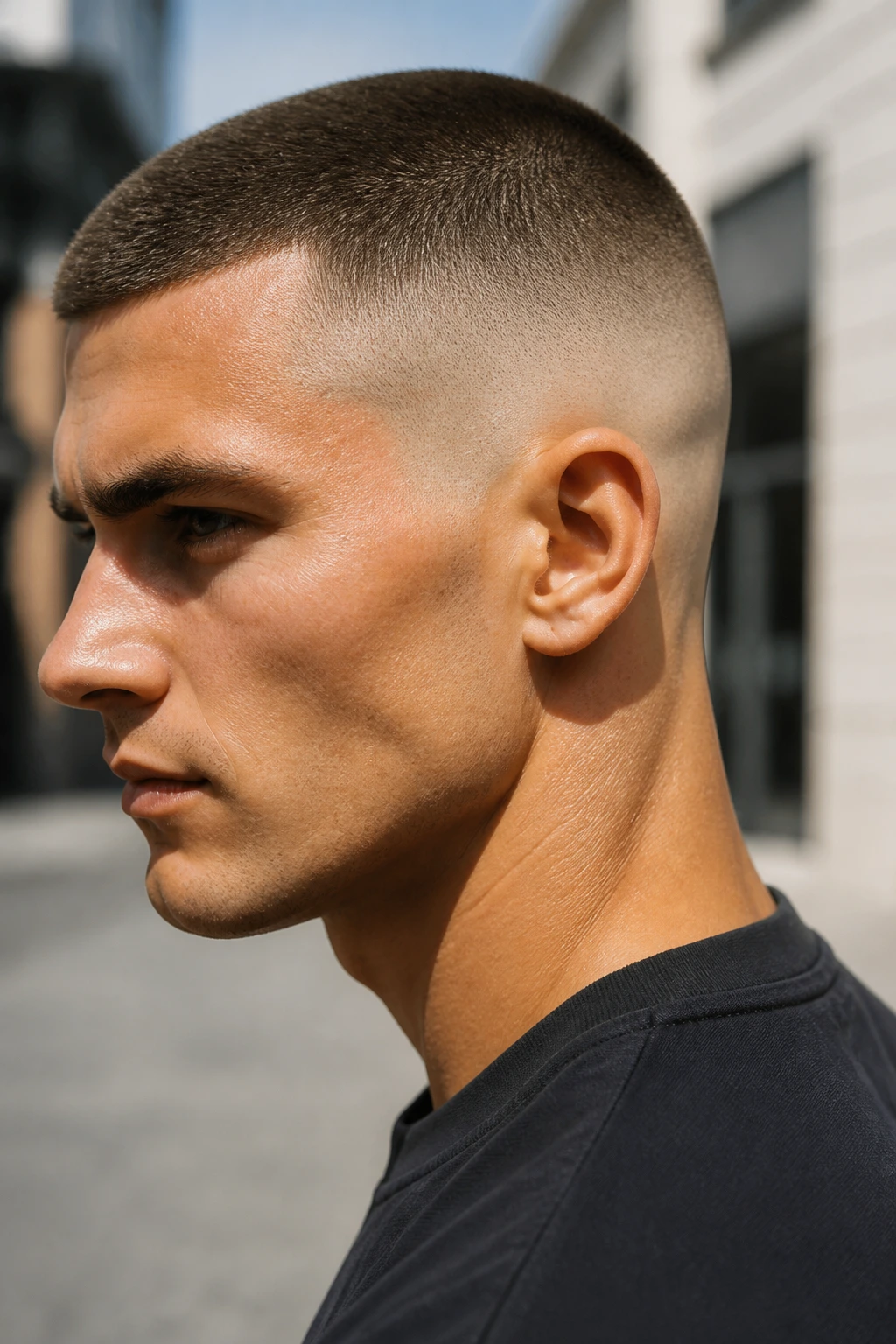 Close-up portrait of a man with a buzz cut and skin fade in natural light