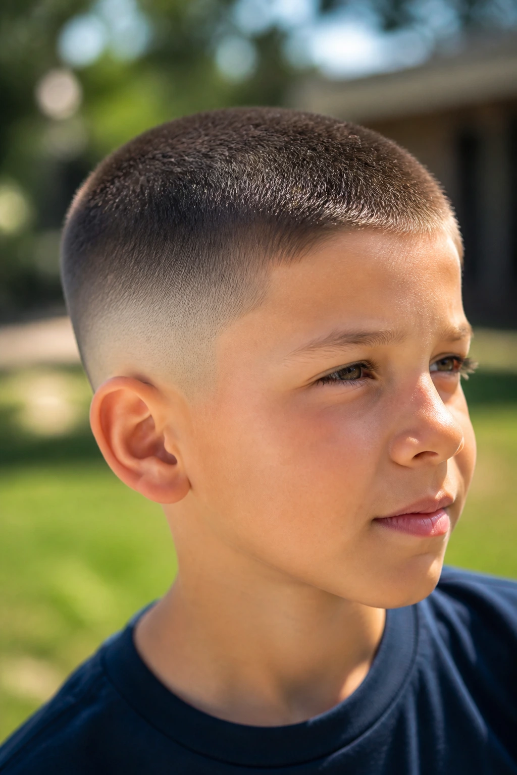 Close-up of a boy with a buzz cut and skin fade.