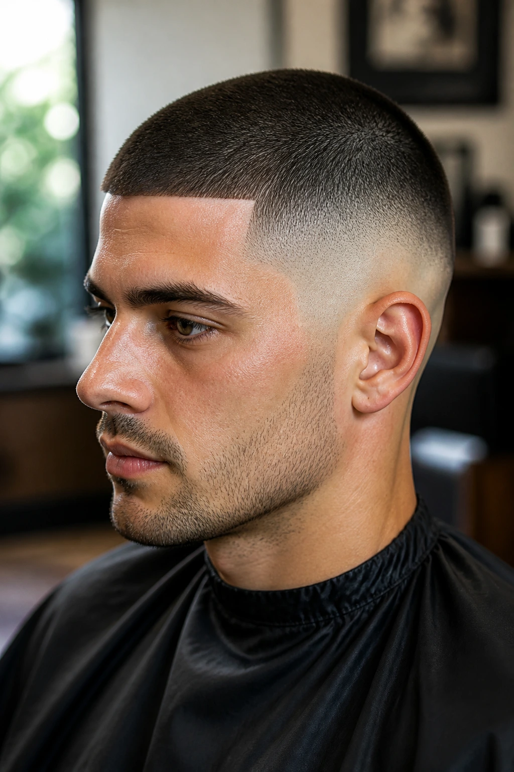 Close-up of man with buzz cut and skin fade in barber shop lighting