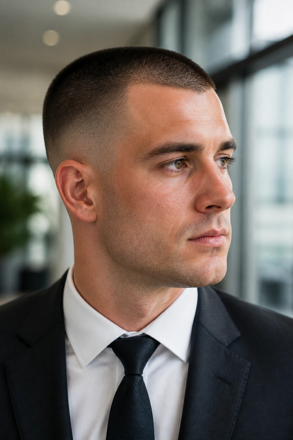 Close-up of a man with a buzz cut and skin taper in an office setting