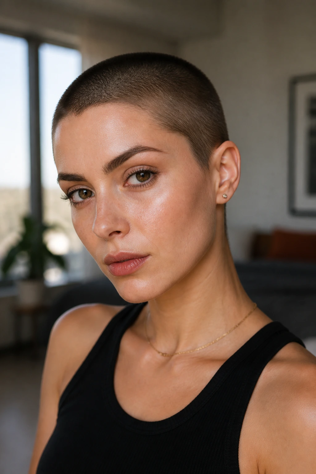 Portrait of a real person with a smoky brunette buzz cut under soft window light.