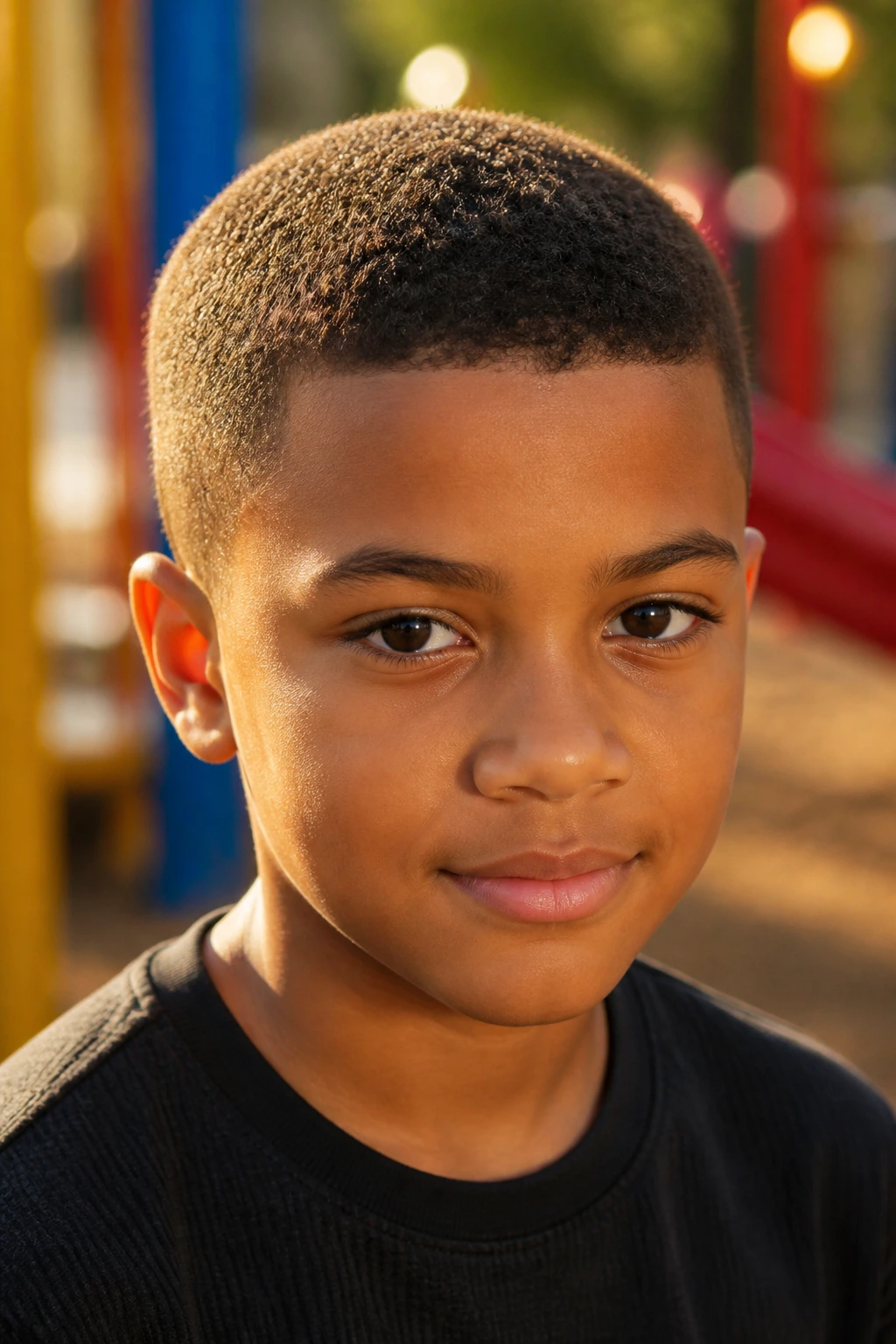 Close-up of a real boy with a buzz cut and soft curl texture in outdoor light.
