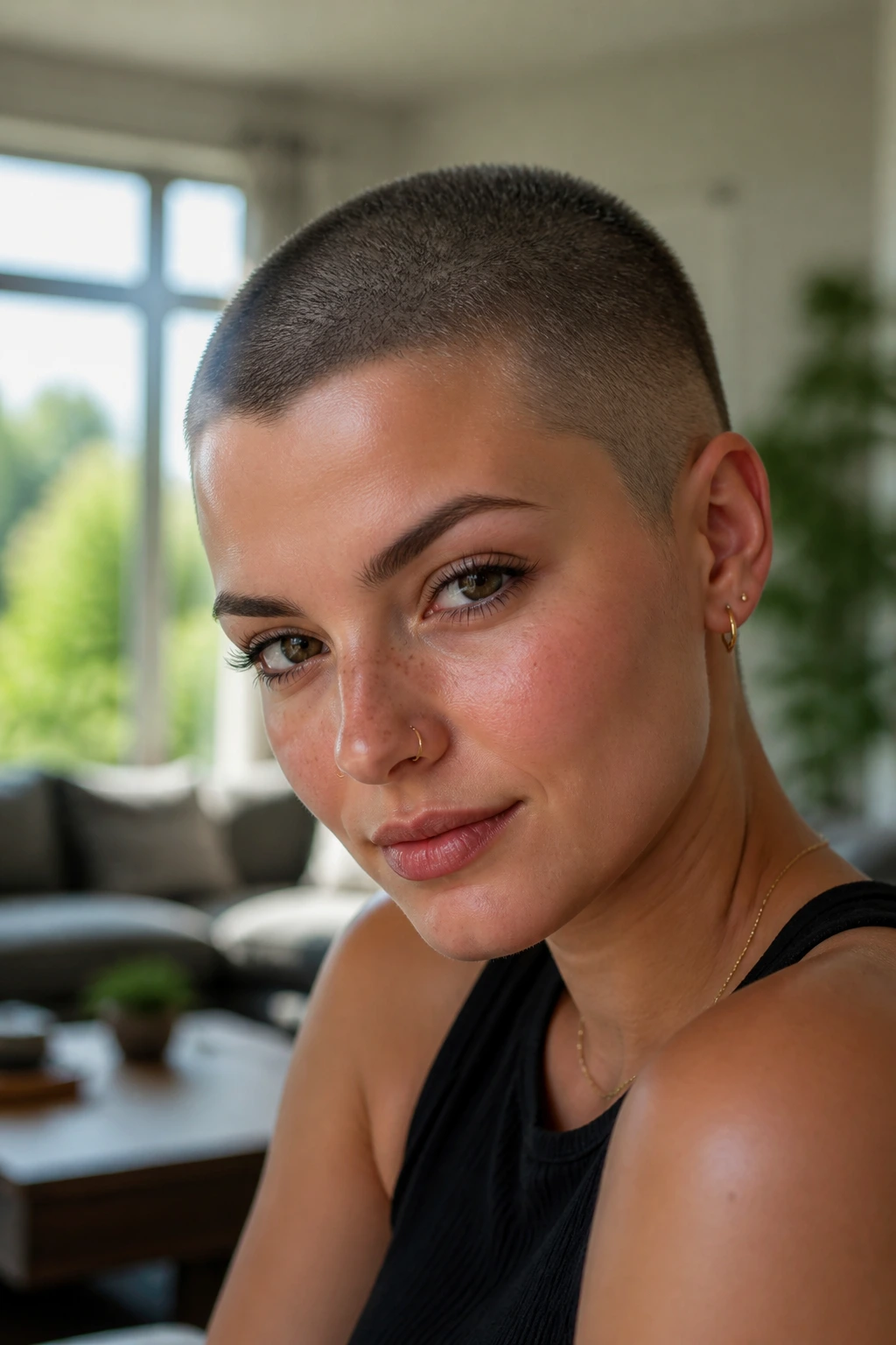 Close-up portrait of a real woman with a buzz cut in a sunlit living room