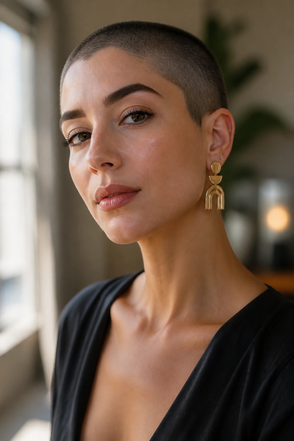 Portrait of a woman with a buzz cut and bold earrings.