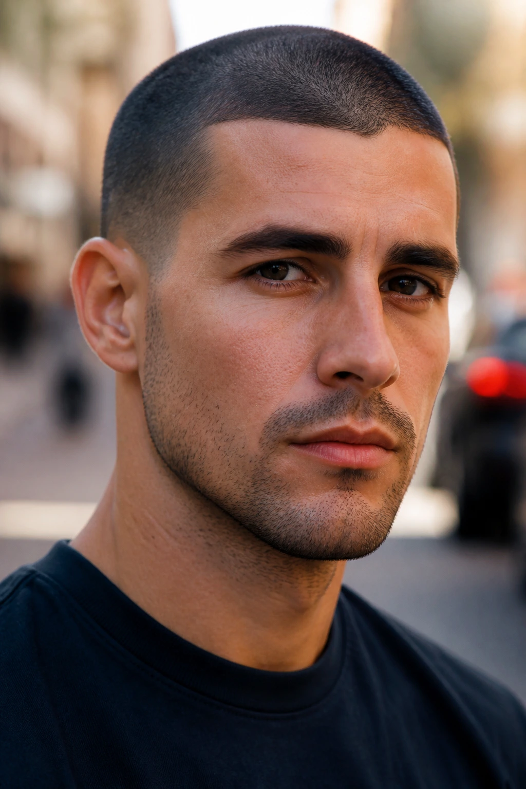 Close-up of a man with a buzz cut in outdoor street light