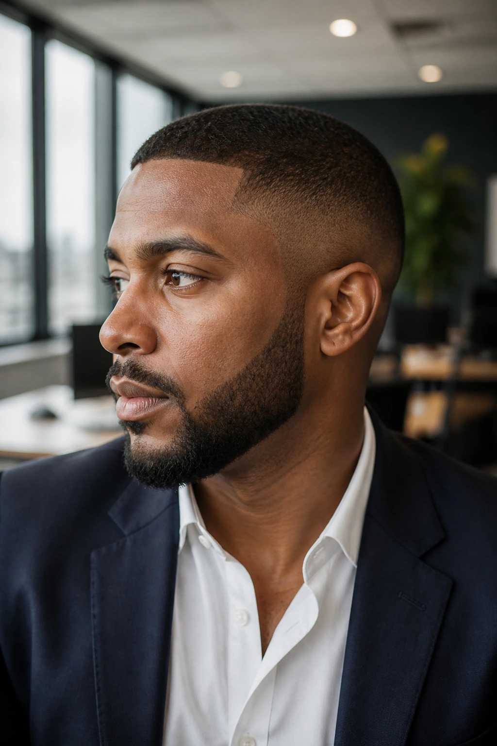 Man with buzz cut temple fade and beard line in an office setting.