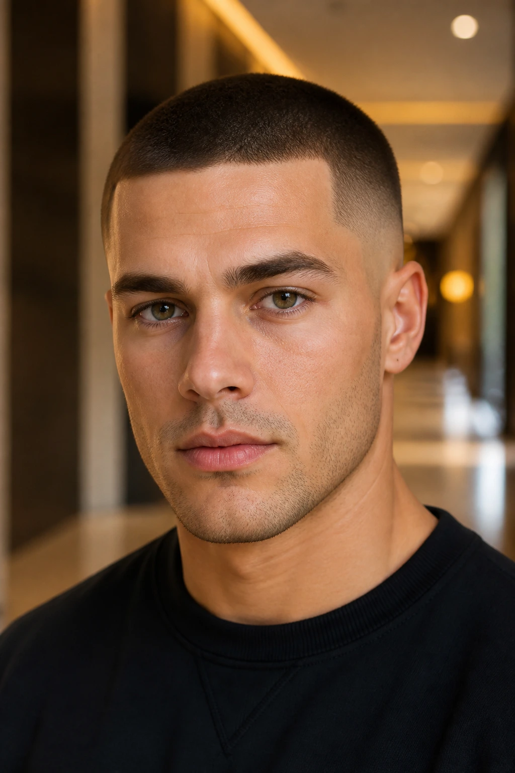 Close-up portrait of a man with buzz cut and temple fade