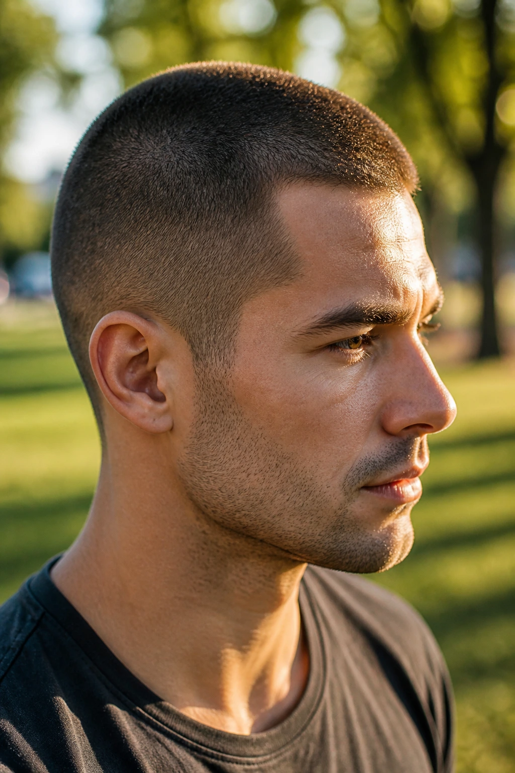 Close-up of a man with buzz cut shadow texture catching afternoon sun.