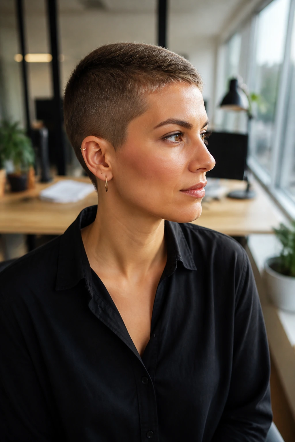 Texture-rich buzz cut on real person in an office setting with natural light.