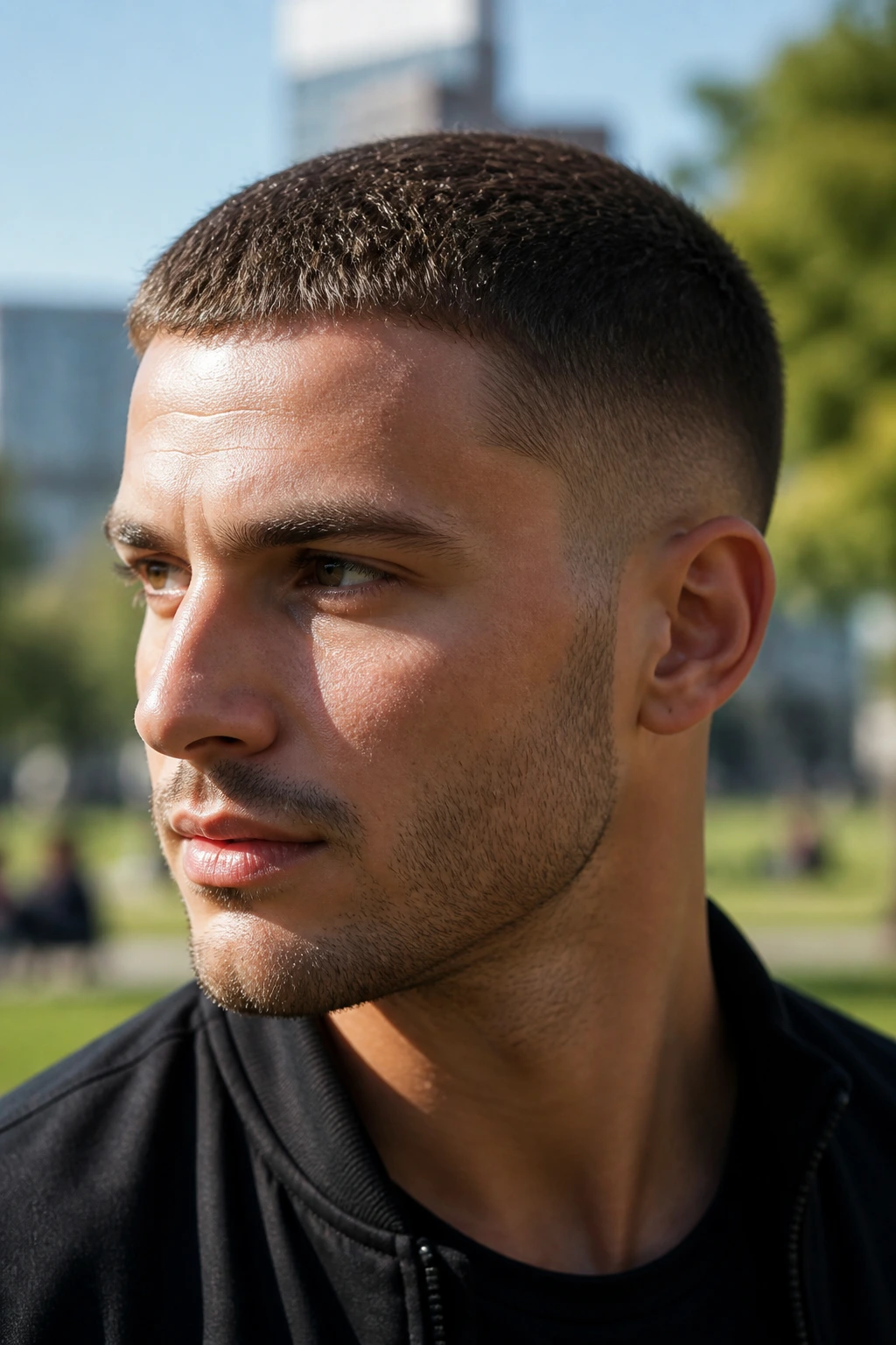 Close-up of man with grown-out buzz displaying texture on top in sunlight