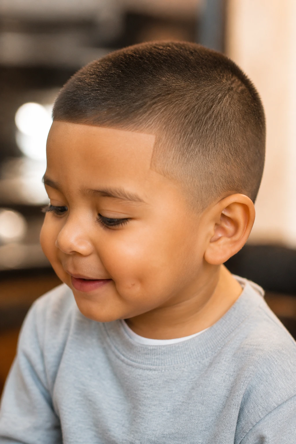 Toddler with buzz cut and soft line-up under warm indoor light