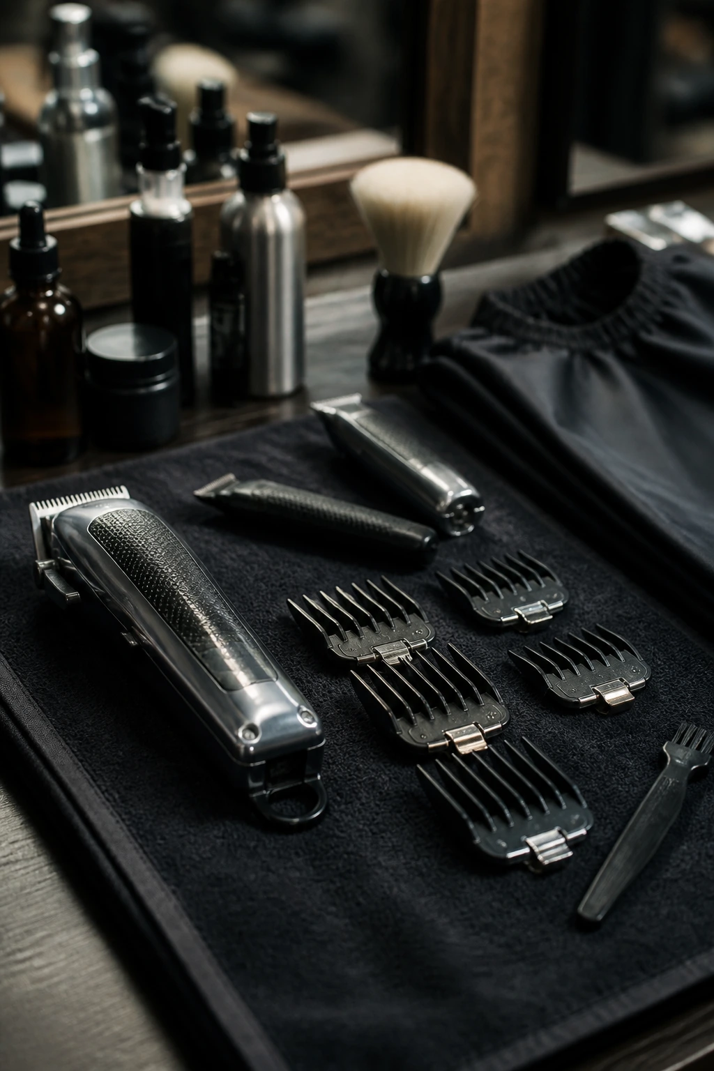 Close-up of clippers and guards on a barber station
