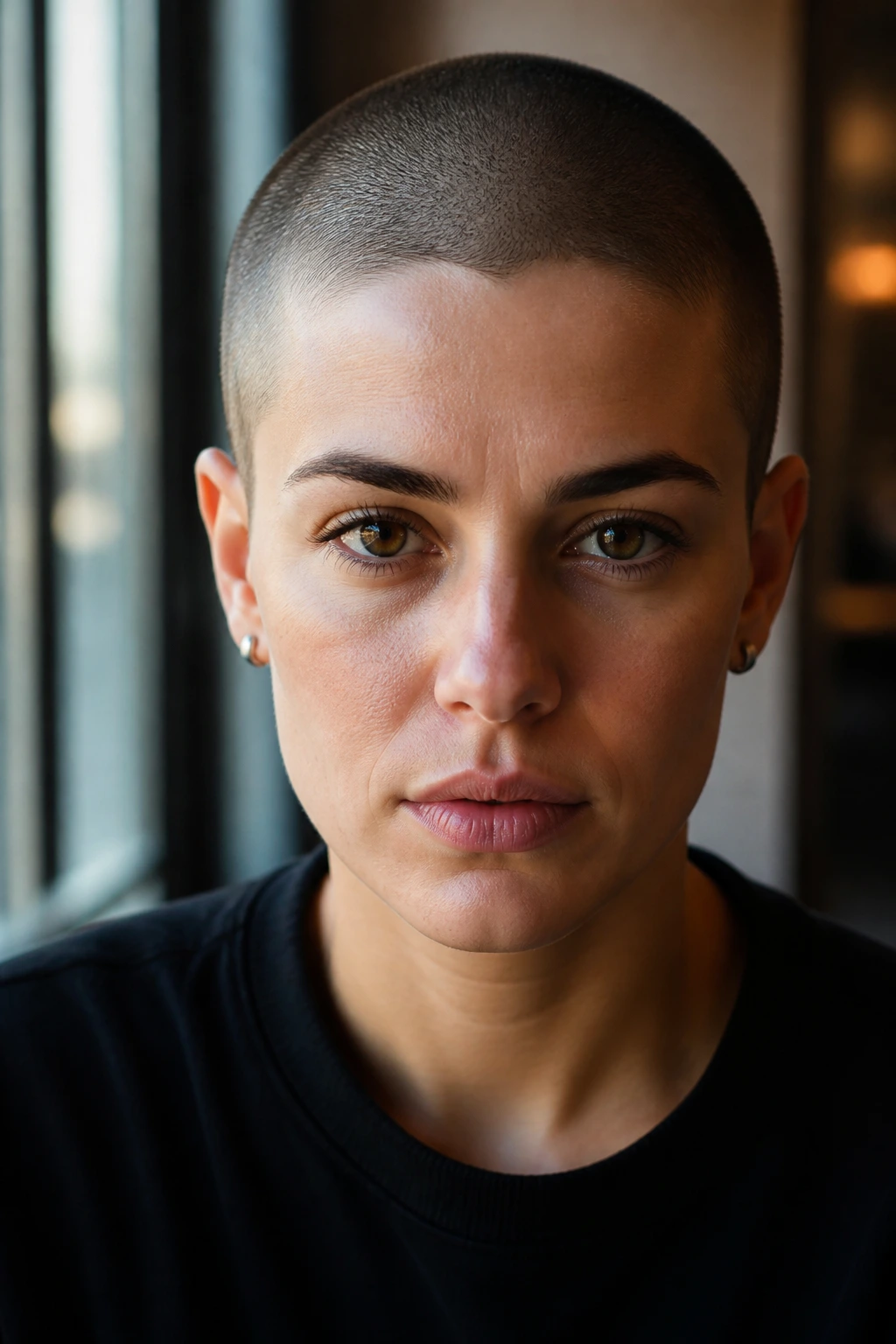 Front-facing close-up of a real person with an ultra-close buzz cut in a warm indoor setting.