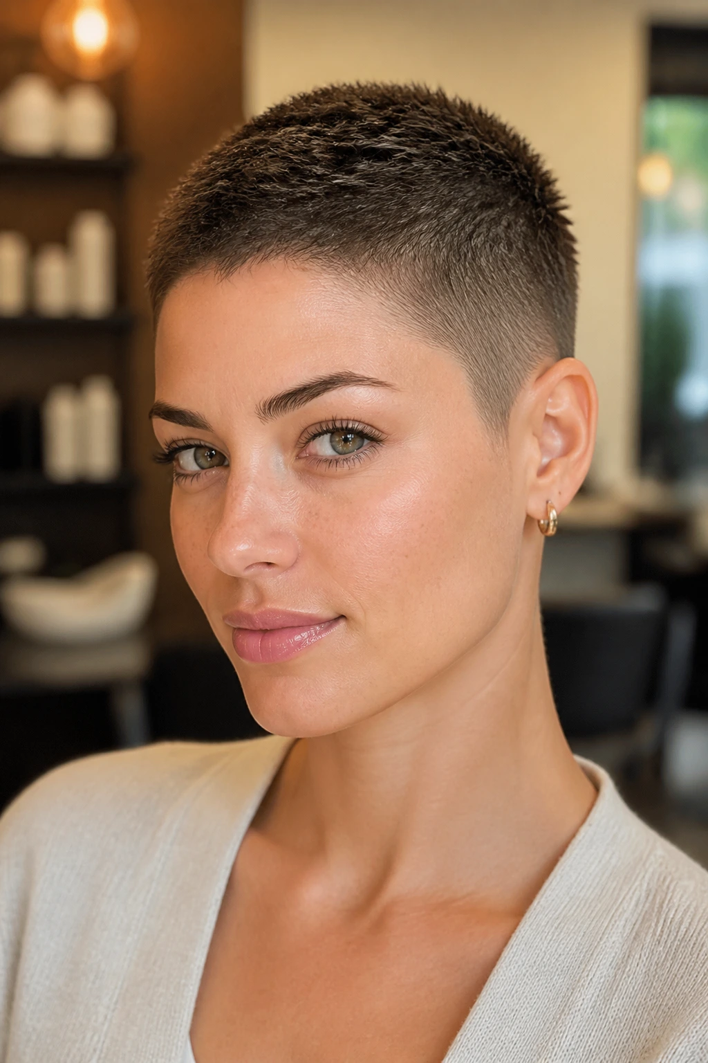 Close-up portrait of a real woman with a tapered pixie buzz in a warm salon setting.