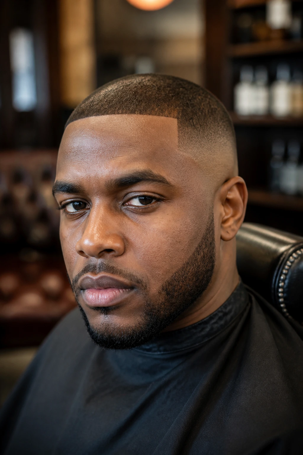 Close-up portrait of a Black man with a clean buzz cut and fade in a barbershop setting