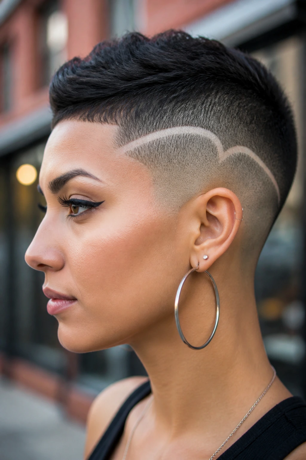 Close-up portrait of a real person with a buzzed side fade and a line design in an urban setting.