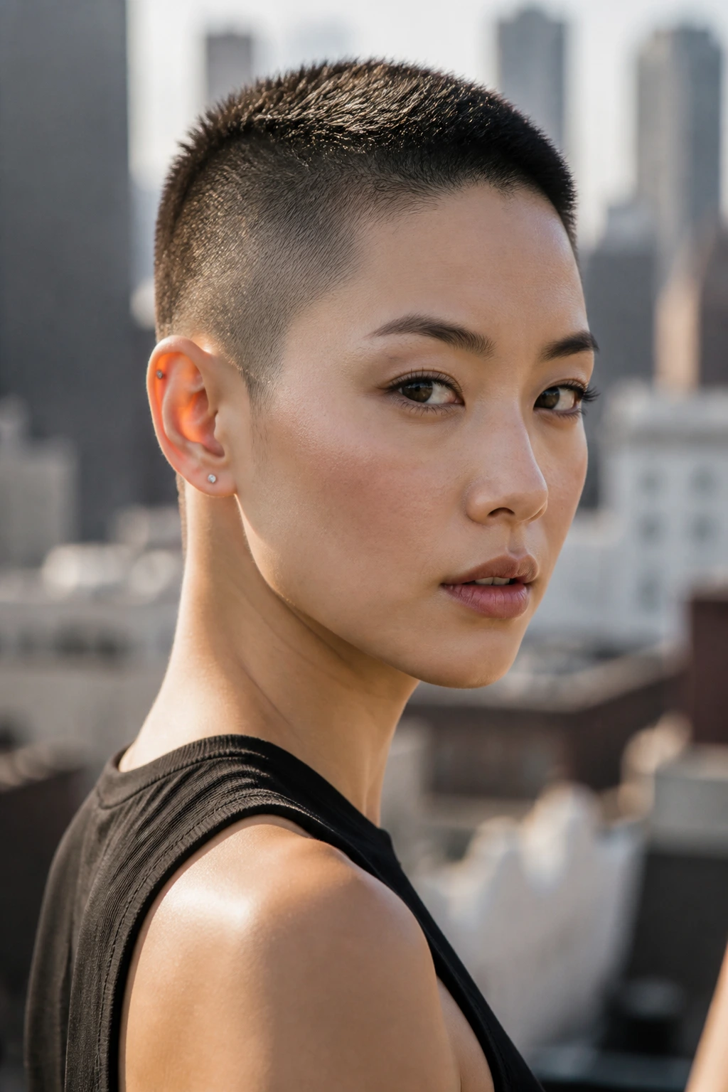 Close-up portrait of a real person with buzz cut and longer crown panel