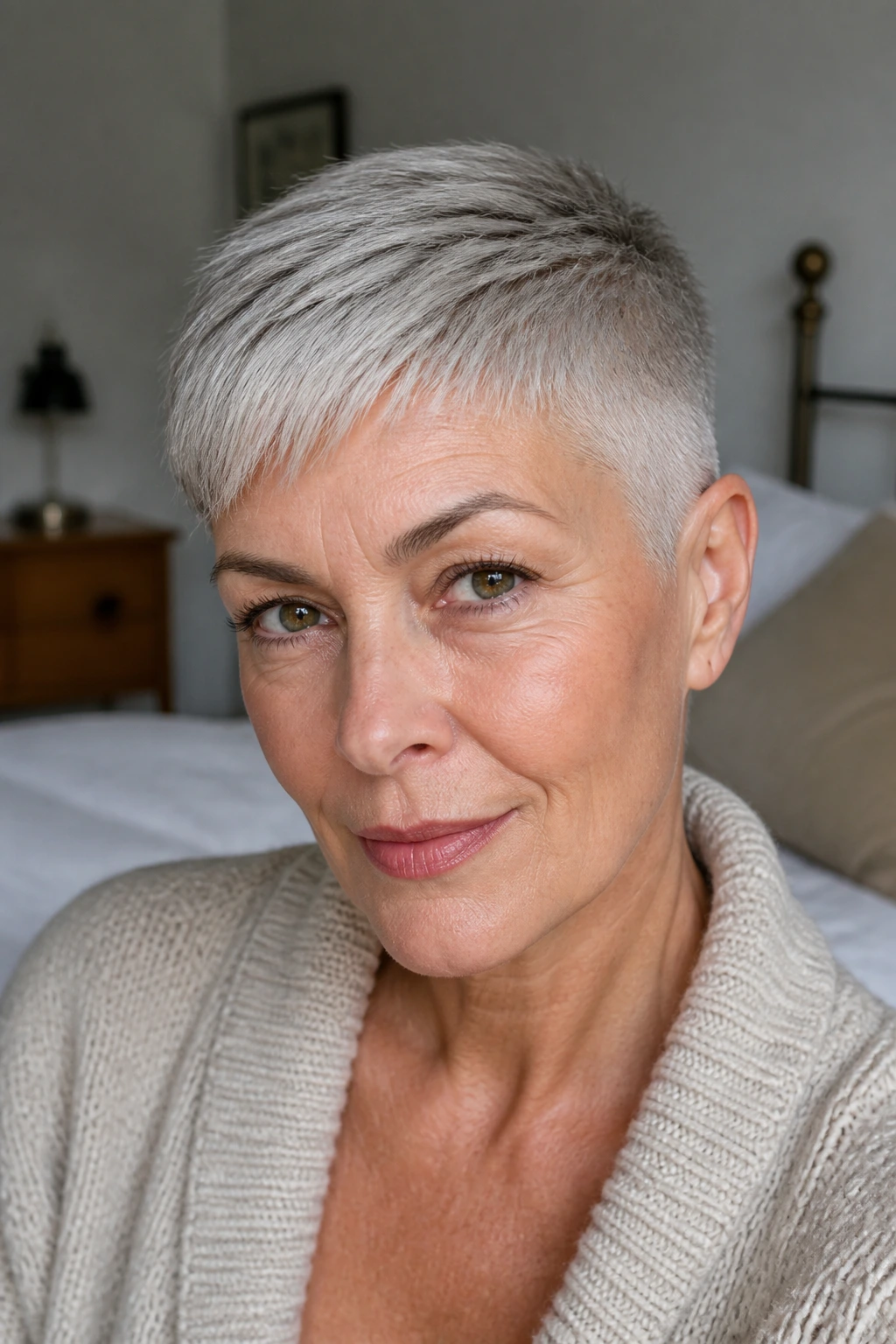 Close-up of a real woman with a brushed-forward buzz pixie hairstyle featuring short sides and forward-angled top