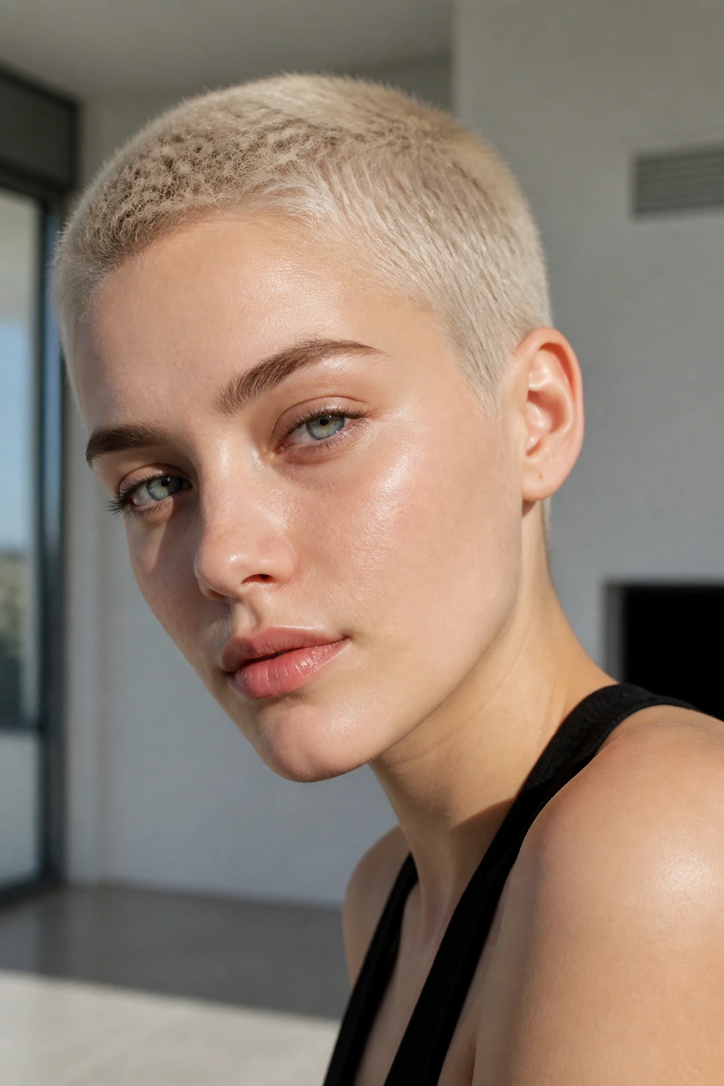 Portrait of a real person with a pale Scandinavian blonde buzzed pixie.