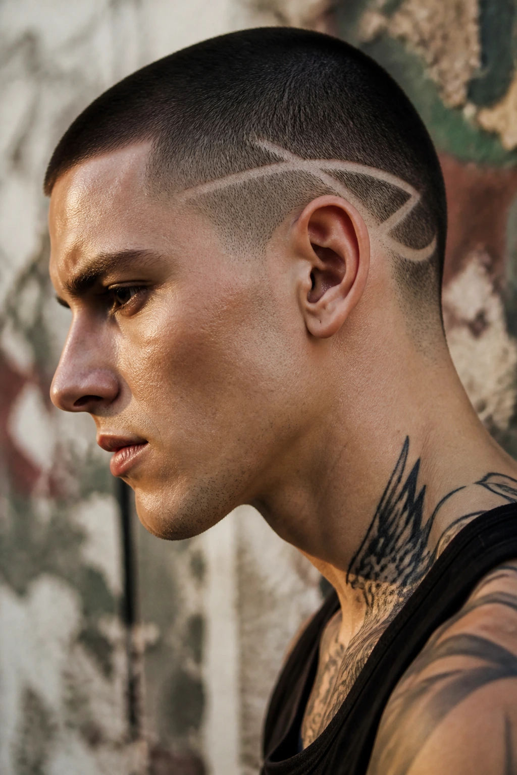 Close-up of real person with etched-line buzz cut