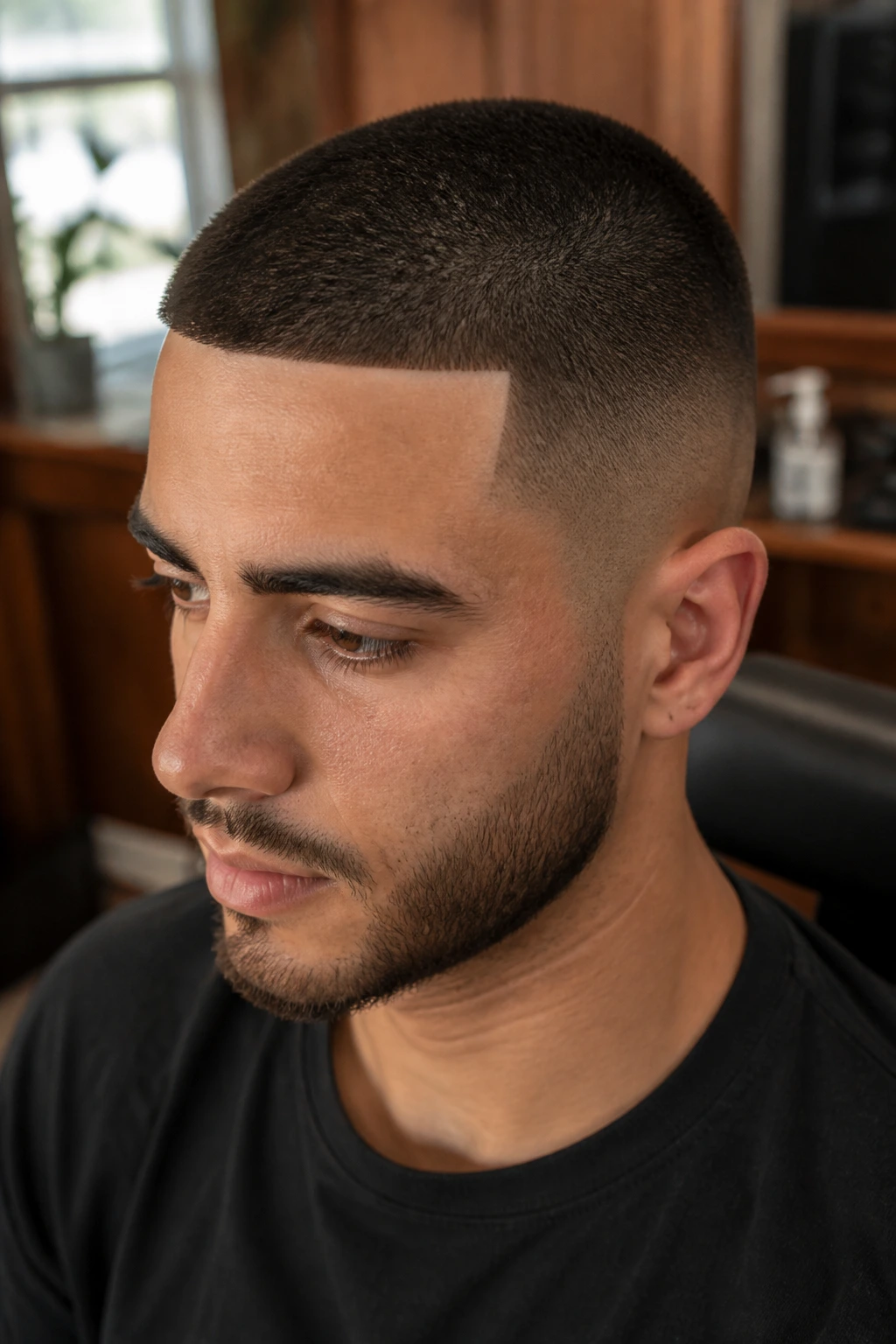 Close-up of man with buzz cut and crisp line-up.
