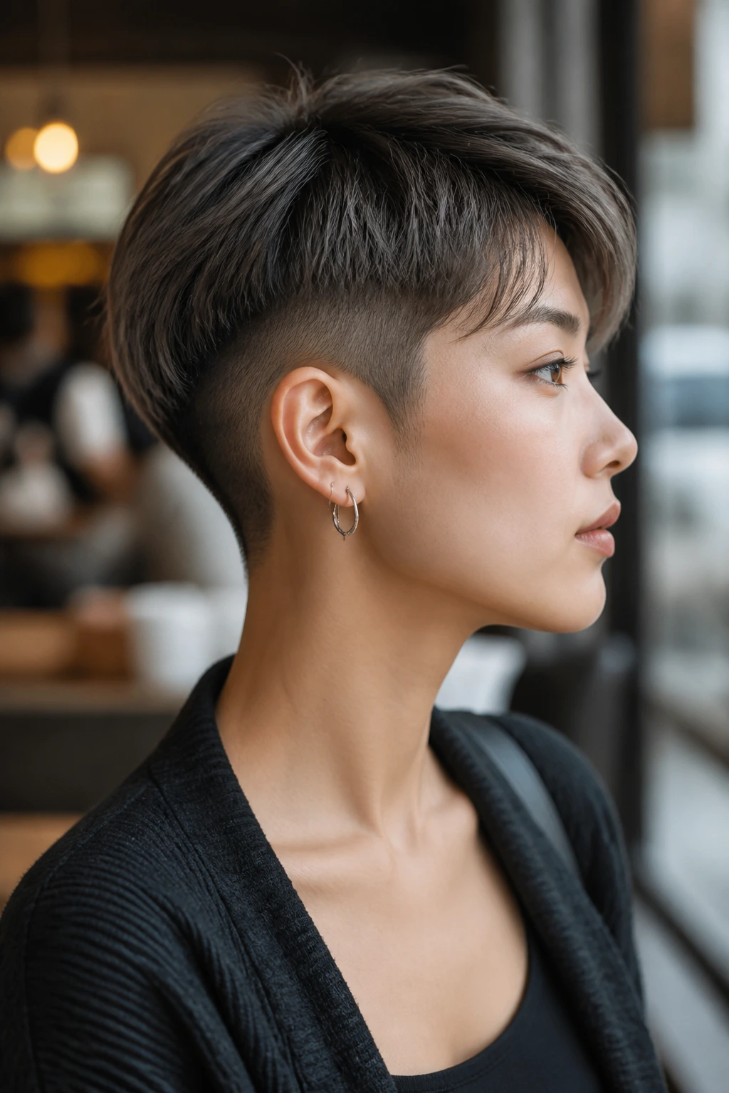 Real woman with buzzed nape bixie haircut in a cozy cafe setting.