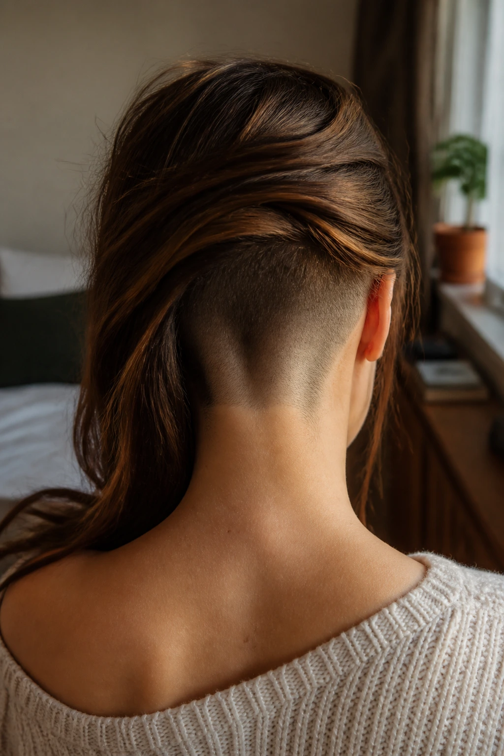 Close-up of a real person with a buzzed nape and long top hair.